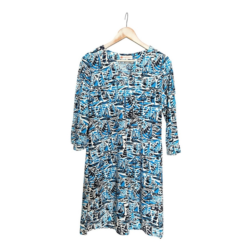 Jude Connally  blue and white sailboat print dress with 3/4 sleeves Size medium